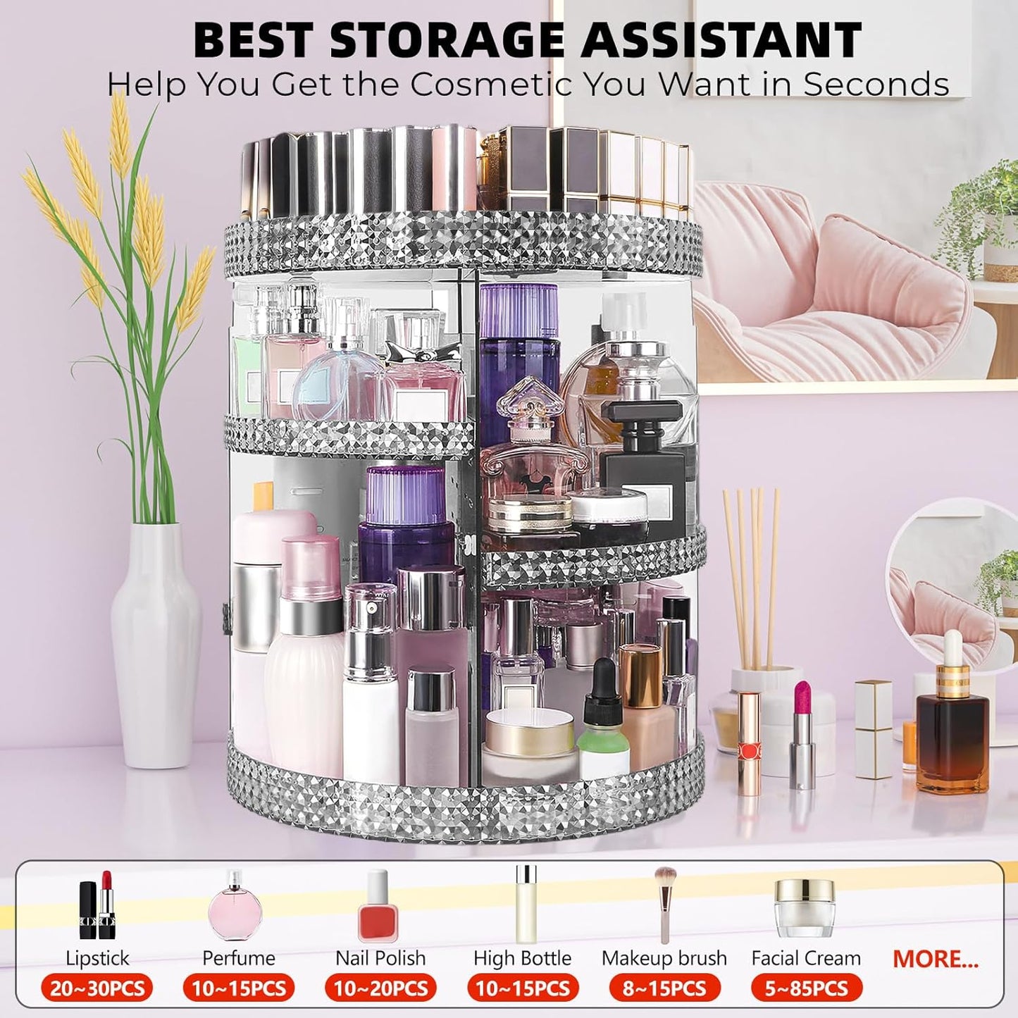 Rotating Makeup Organizer 360 Degree, 7 Layers Adjustable Storage for Cosmetics,Perfume,Plus Size, Large Capacity Cosmetic Storage Organizer Best for Bathroom,Countertop and Vanity, Gray